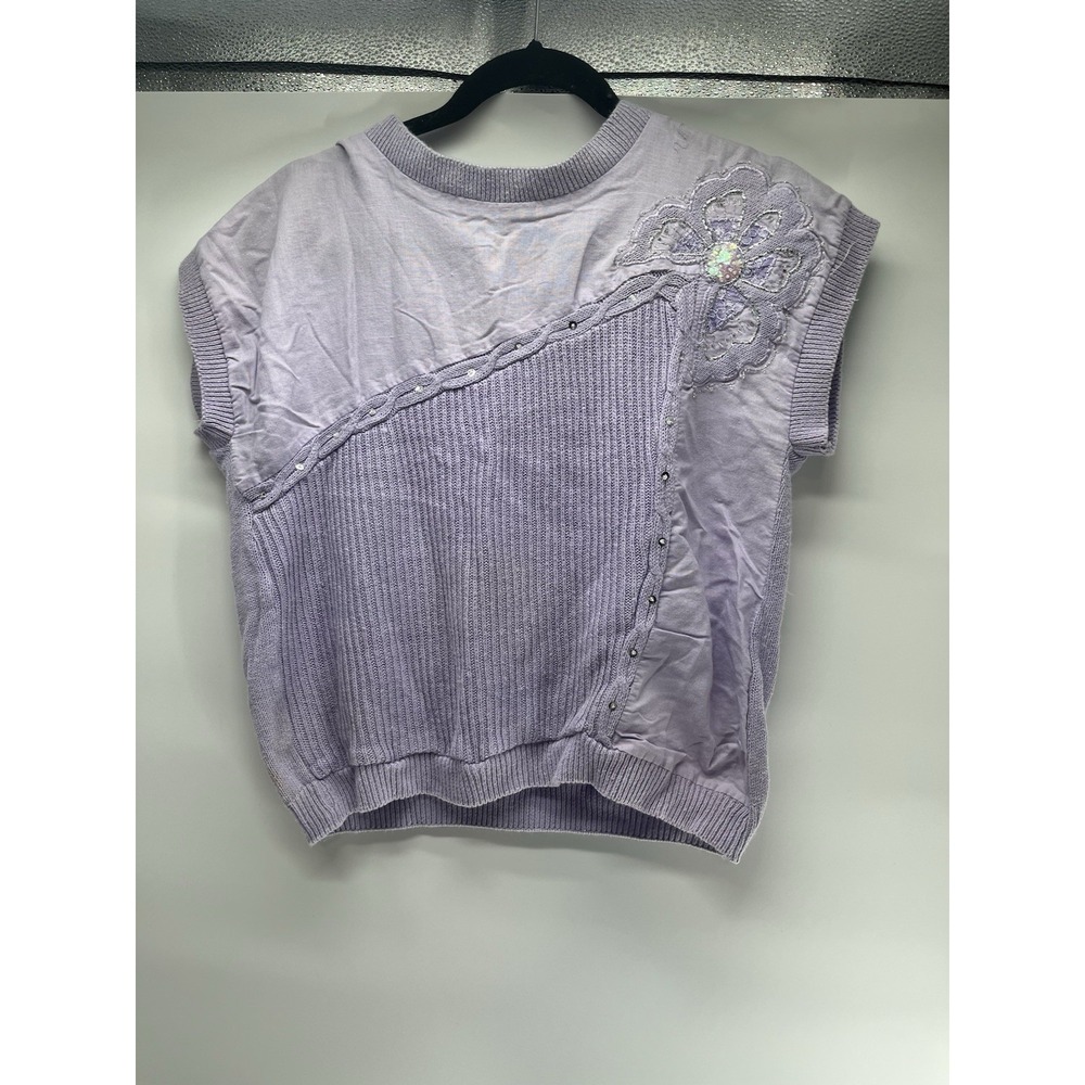 vintage 1990s knitted short-sleeve crewneck sweater purple floral embroidery L